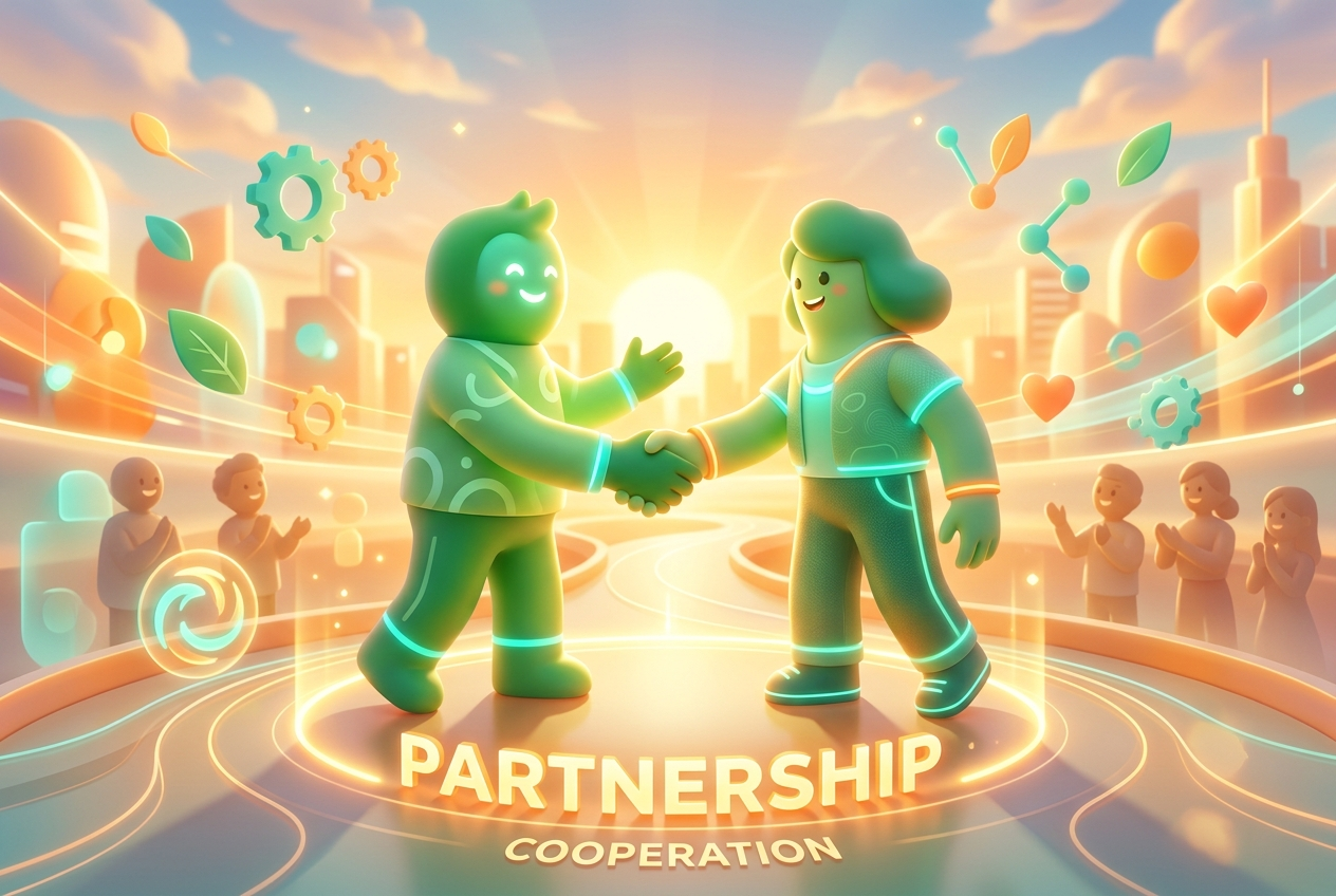 Shake hand of two 3d stylized people of green color
